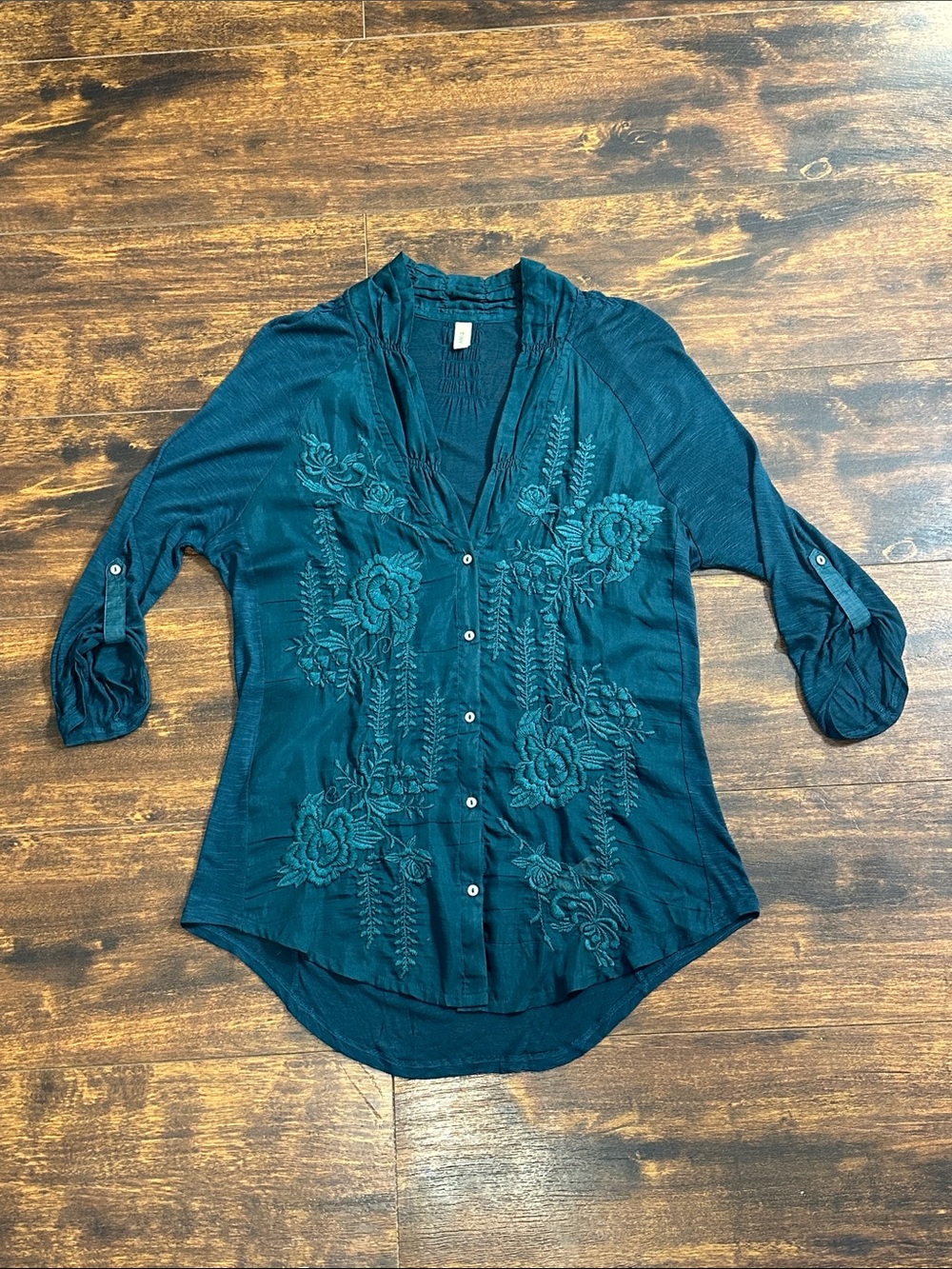 🌿 Anthropologie TINY Teal Embroidered Floral Blouse Top M Boho
